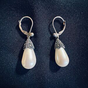 Judith Jack Vintage Sterling Dangle/Drop Marcasite Earrings with Pearl - 1.5"